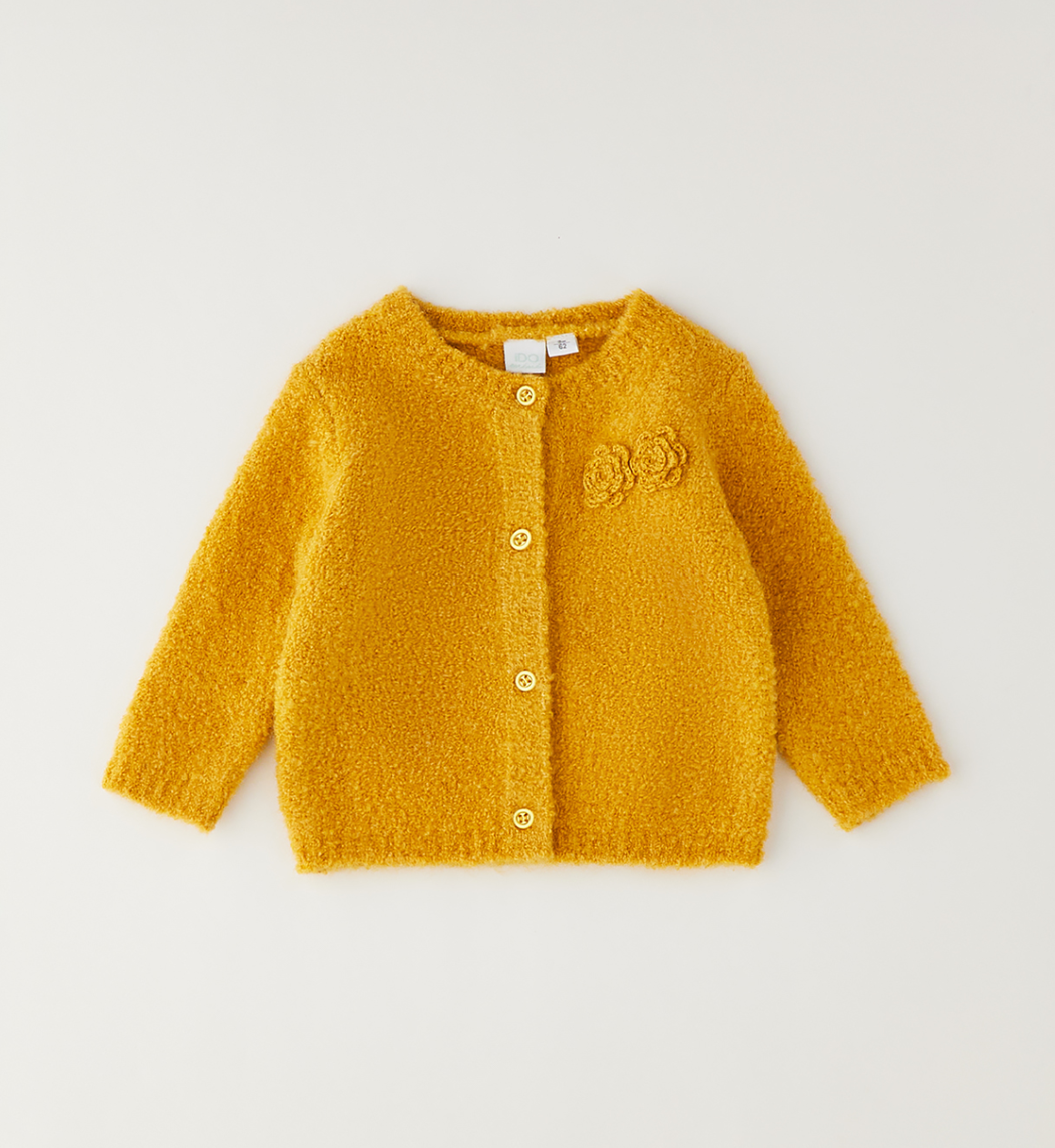 iDO - Cardigan in maglia bouclè senape con fiori applicati