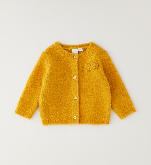iDO - Cardigan in maglia bouclè senape con fiori applicati